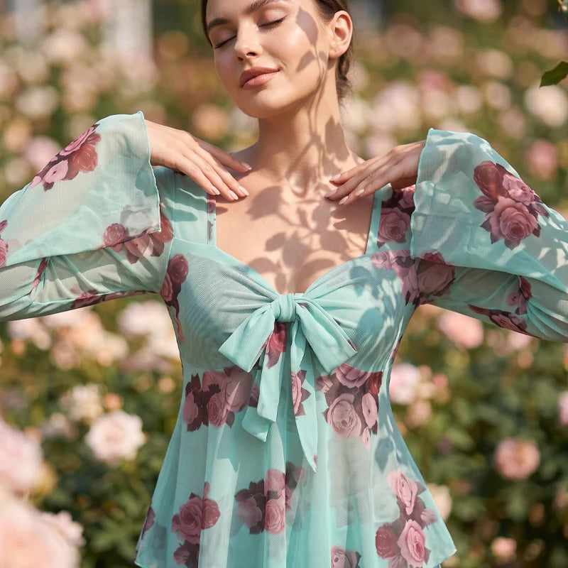 Women’s Floral Tie-Front Bell-Sleeve Blouse