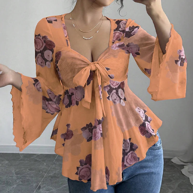 Women’s Floral Tie-Front Bell-Sleeve Blouse