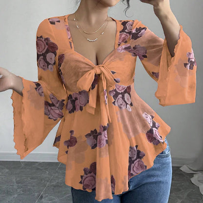 Women’s Floral Tie-Front Bell-Sleeve Blouse