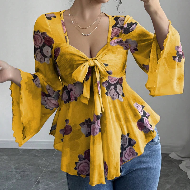 Women’s Floral Tie-Front Bell-Sleeve Blouse
