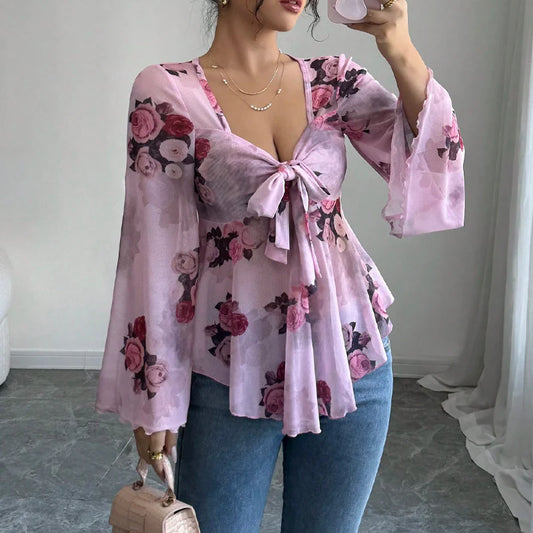 Women’s Floral Tie-Front Bell-Sleeve Blouse