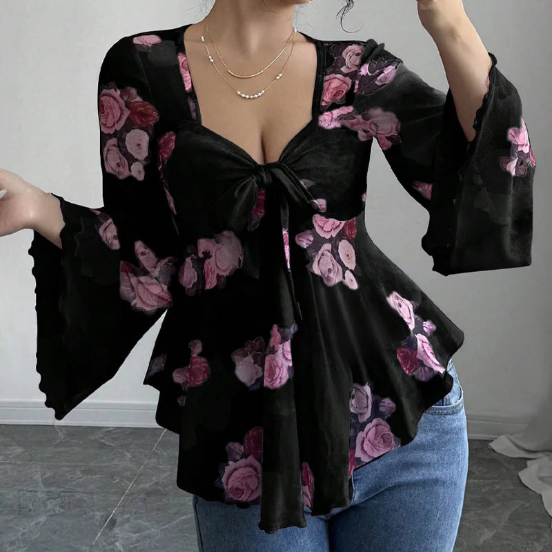 Women’s Floral Tie-Front Bell-Sleeve Blouse