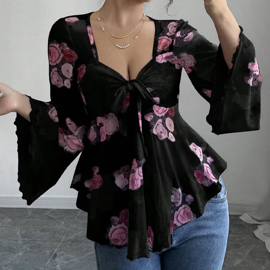 Women’s Floral Tie-Front Bell-Sleeve Blouse