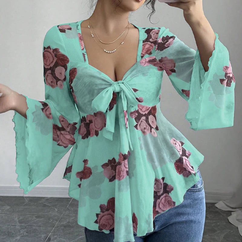 Women’s Floral Tie-Front Bell-Sleeve Blouse