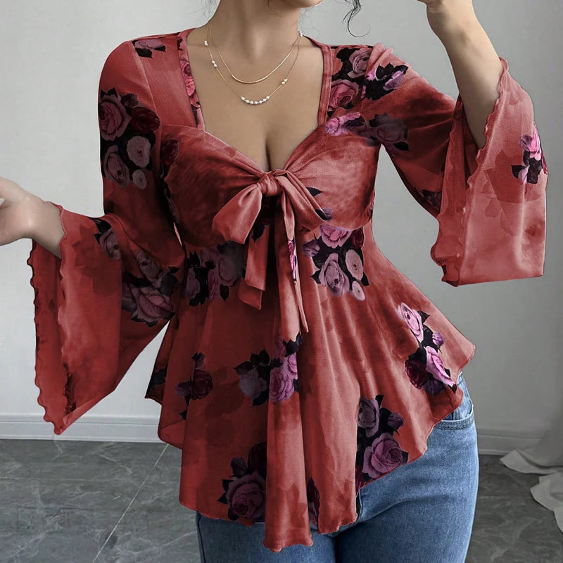 Women’s Floral Tie-Front Bell-Sleeve Blouse