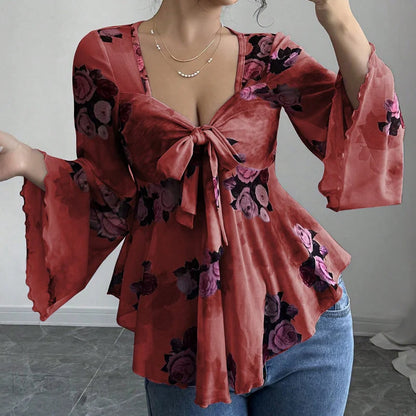 Women’s Floral Tie-Front Bell-Sleeve Blouse