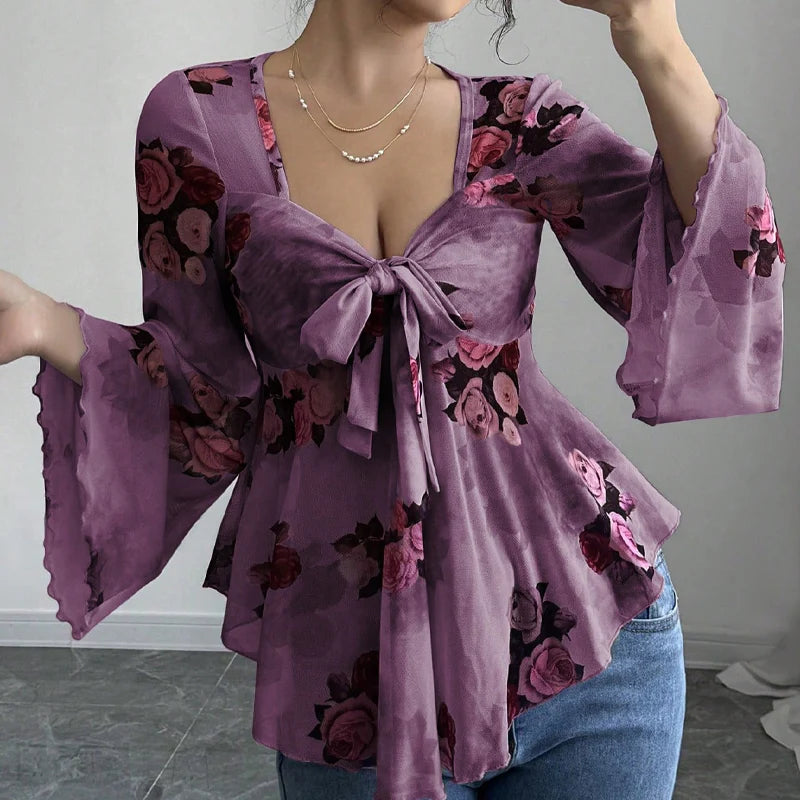 Women’s Floral Tie-Front Bell-Sleeve Blouse