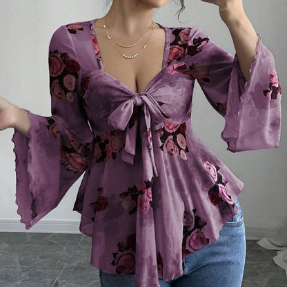Women’s Floral Tie-Front Bell-Sleeve Blouse