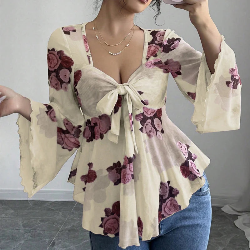 Women’s Floral Tie-Front Bell-Sleeve Blouse