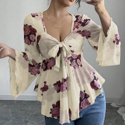 Women’s Floral Tie-Front Bell-Sleeve Blouse