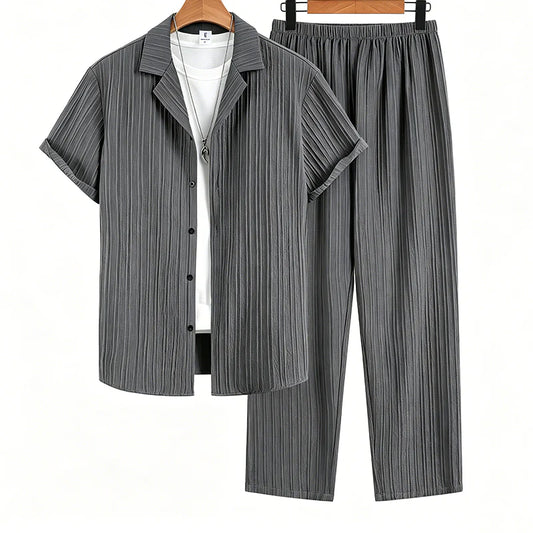 Men’s Ribbed Shirt and Wide-Leg Trousers Set