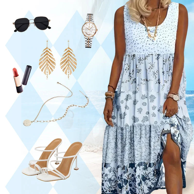 Women’s Tiered Print Sleeveless Maxi Dress