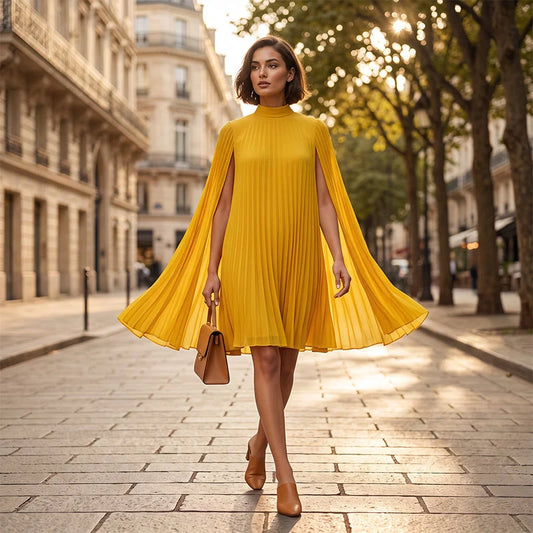 Women's Pleated Cape Sleeve Shift Dress