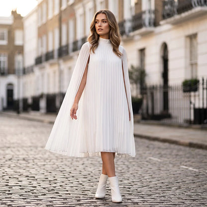 Women's Pleated Cape Sleeve Shift Dress