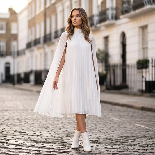 Women's Pleated Cape Sleeve Shift Dress