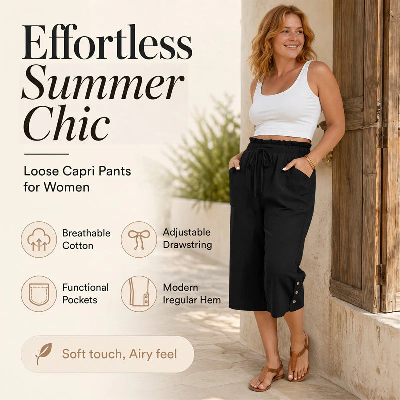 Women’s Cotton-Linen Wide-Leg Capri Trousers