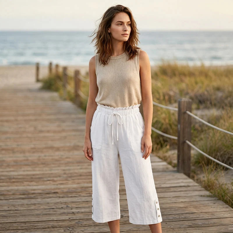 Women’s Cotton-Linen Wide-Leg Capri Trousers