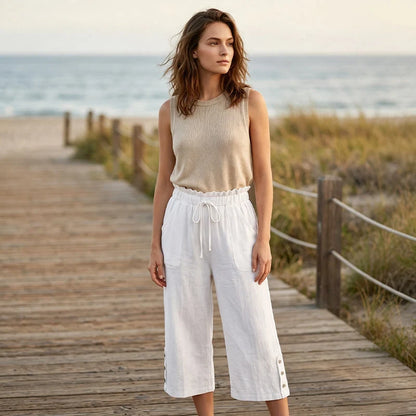 Women’s Cotton-Linen Wide-Leg Capri Trousers