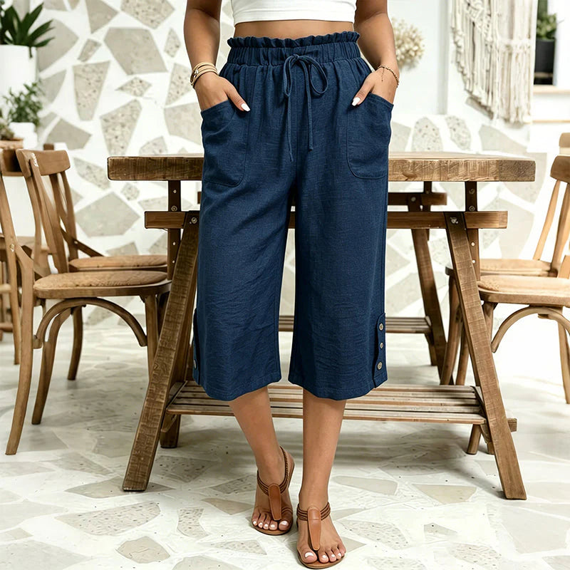 Women’s Cotton-Linen Wide-Leg Capri Trousers