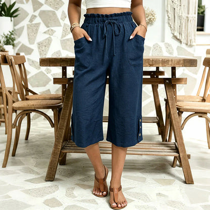 Women’s Cotton-Linen Wide-Leg Capri Trousers