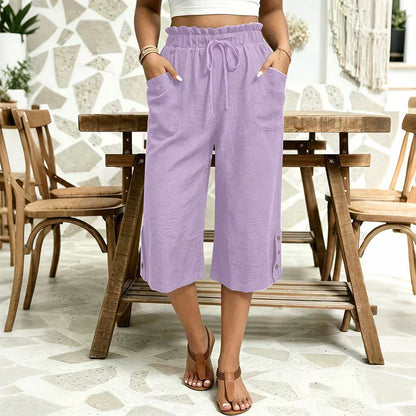 Women’s Cotton-Linen Wide-Leg Capri Trousers
