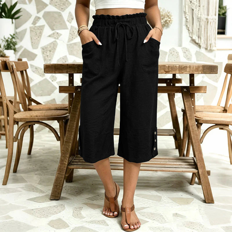 Women’s Cotton-Linen Wide-Leg Capri Trousers