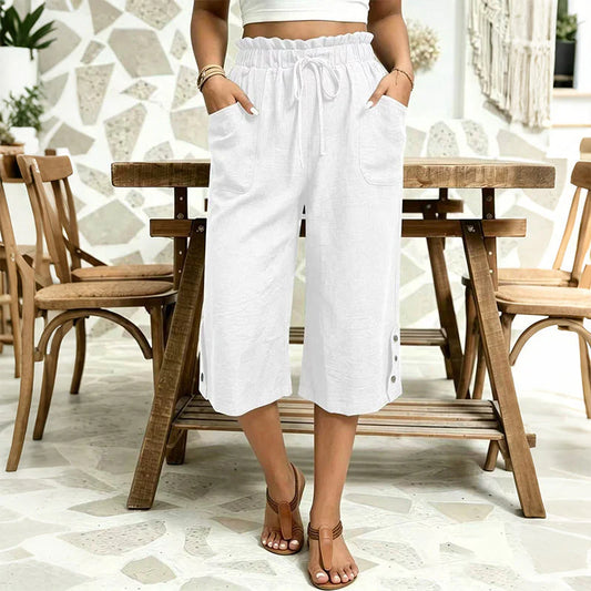 Women’s Cotton-Linen Wide-Leg Capri Trousers