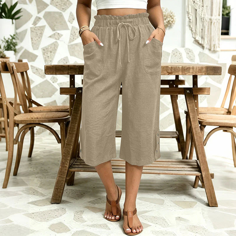 Women’s Cotton-Linen Wide-Leg Capri Trousers