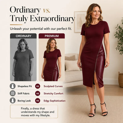 Women’s Faux-Leather Panel Midi Dress