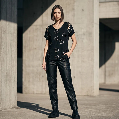 Women’s Heart Print Cut-Out V-Neck Top