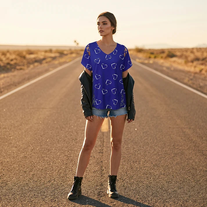 Women’s Heart Print Cut-Out V-Neck Top