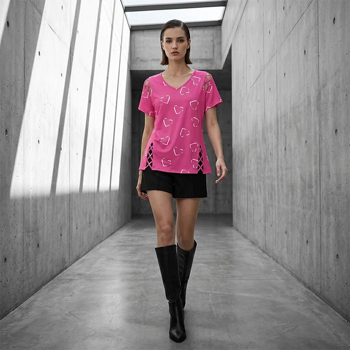 Women’s Heart Print Cut-Out V-Neck Top