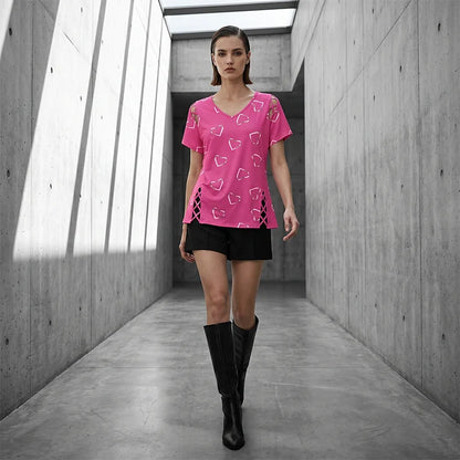 Women’s Heart Print Cut-Out V-Neck Top