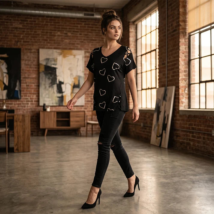 Women’s Heart Print Cut-Out V-Neck Top
