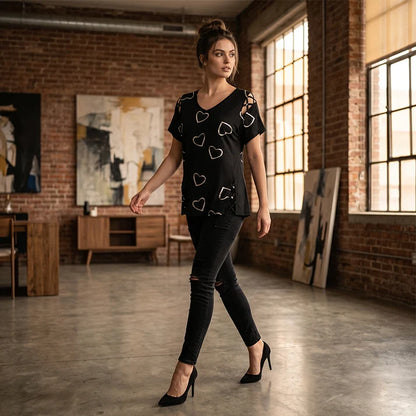 Women’s Heart Print Cut-Out V-Neck Top