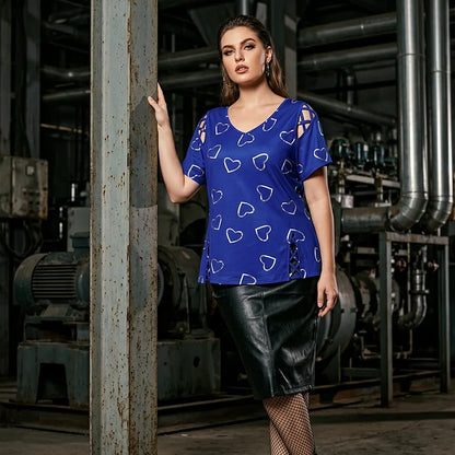 Women’s Heart Print Cut-Out V-Neck Top