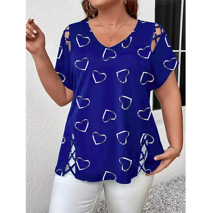 Women’s Heart Print Cut-Out V-Neck Top