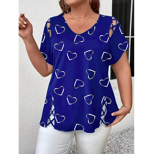 Women’s Heart Print Cut-Out V-Neck Top