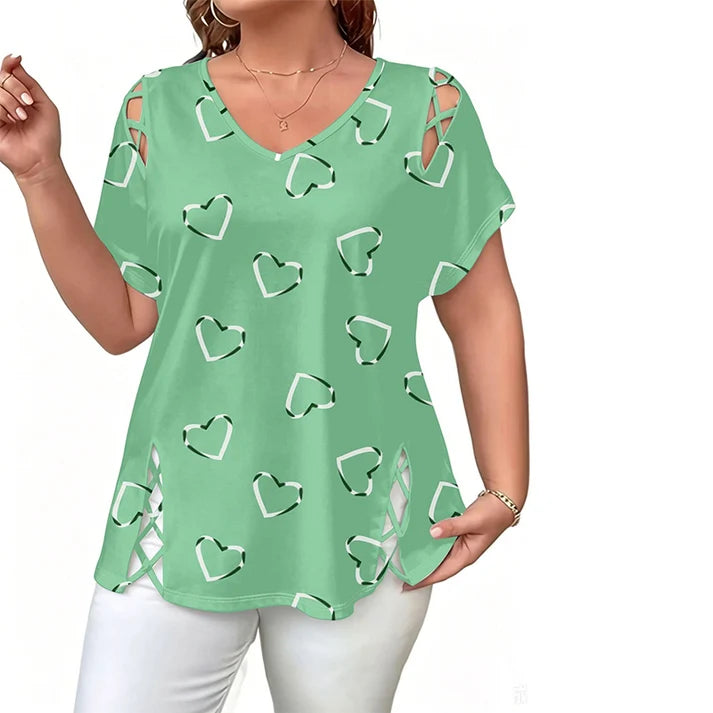 Women’s Heart Print Cut-Out V-Neck Top