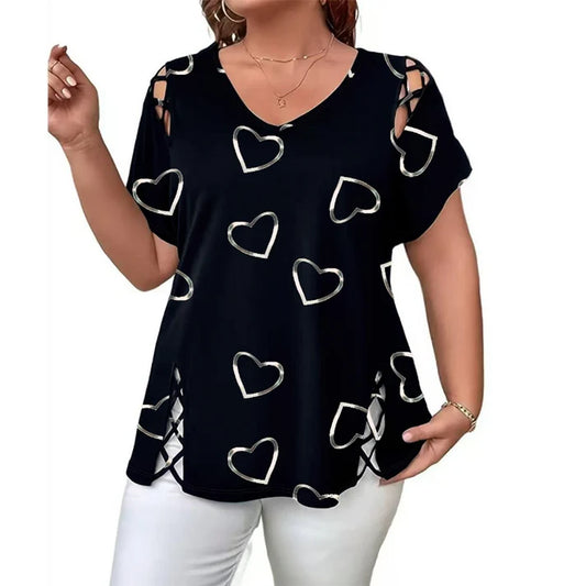 Women’s Heart Print Cut-Out V-Neck Top