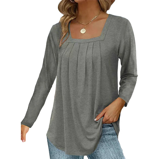 Women’s Square Neck Pleated Long Sleeve Top