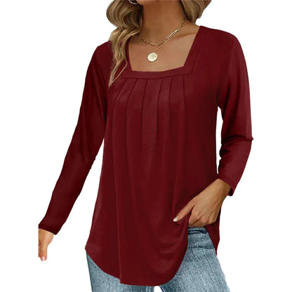 Women’s Square Neck Pleated Long Sleeve Top