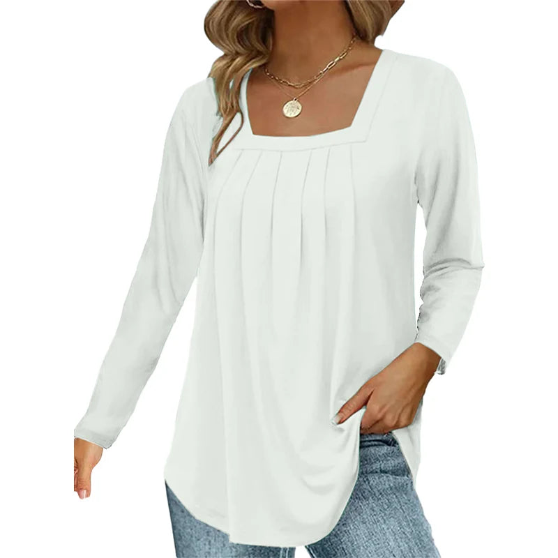 Women’s Square Neck Pleated Long Sleeve Top