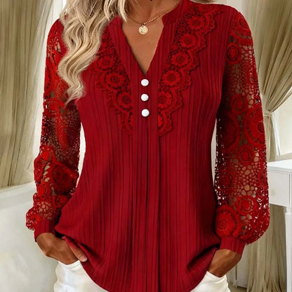 Women’s V-Neck Pleated Top with Lace Sleeves