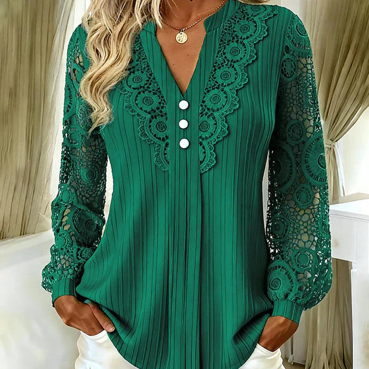 Women’s V-Neck Pleated Top with Lace Sleeves