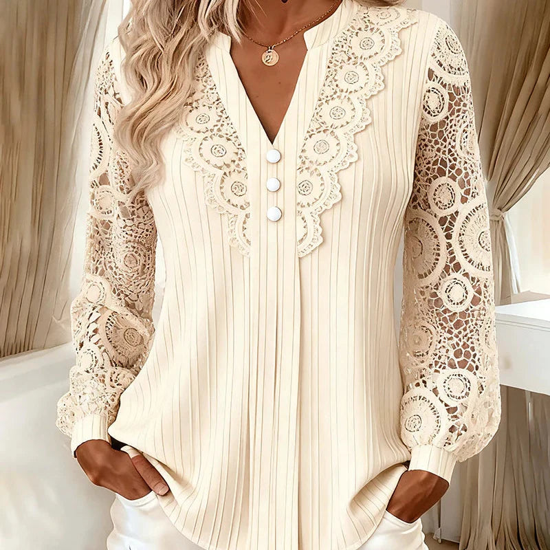 Women’s V-Neck Pleated Top with Lace Sleeves
