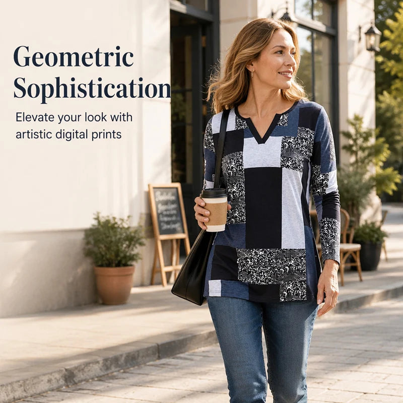 Women’s Printed Long-Sleeve V-Neck Top
