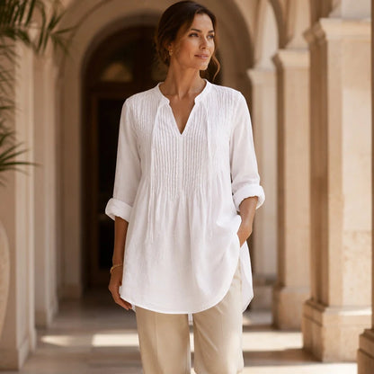 Women’s V-Neck Pleated Long-Sleeve Top