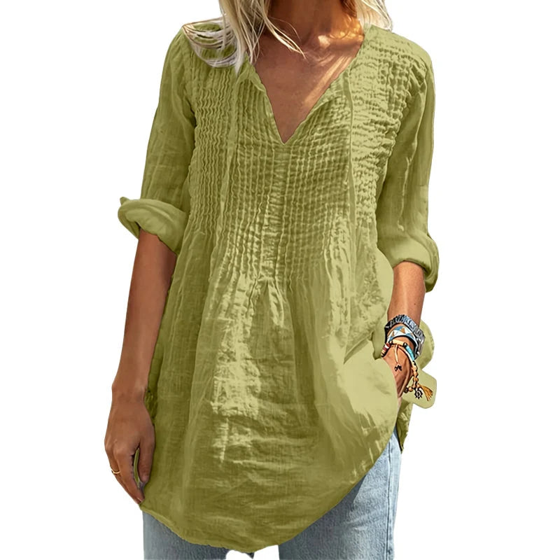 Women’s V-Neck Pleated Long-Sleeve Top