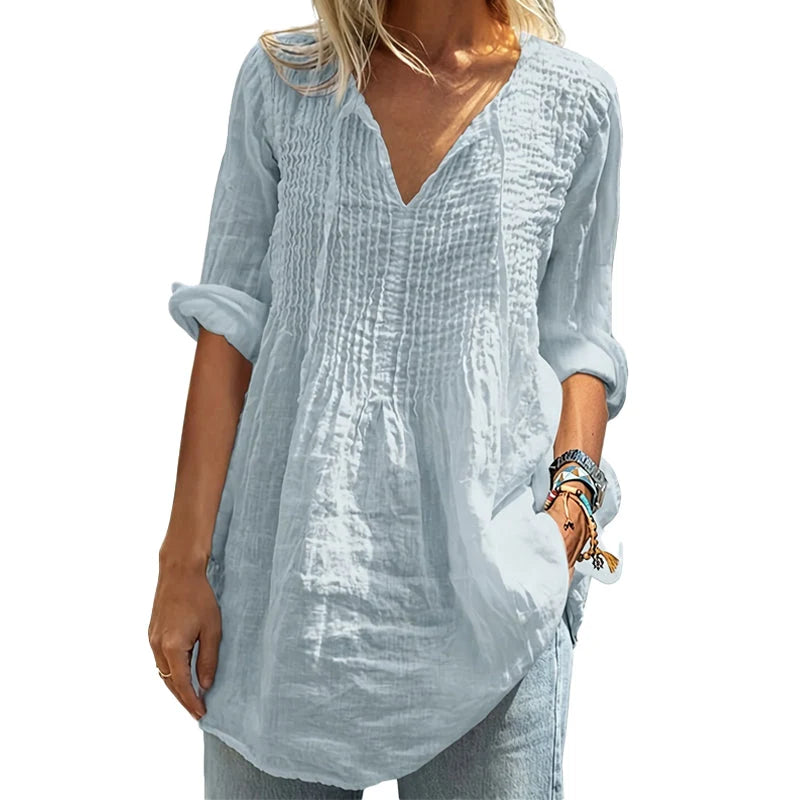 Women’s V-Neck Pleated Long-Sleeve Top